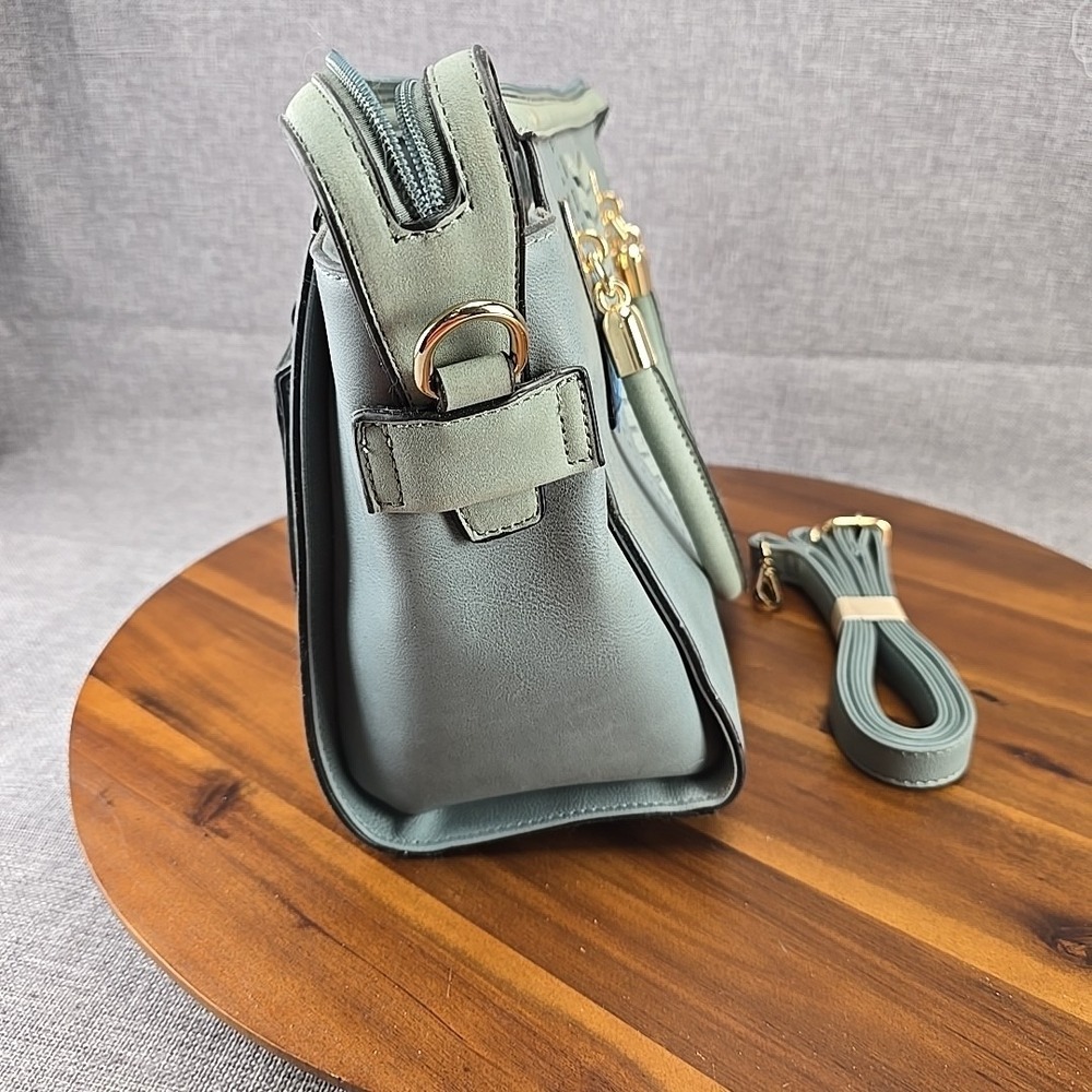 Blue Grey Laser Cut Faux Leather Satchel Handbag with Crossbody Strap Gold Tone - Picture 8 of 9